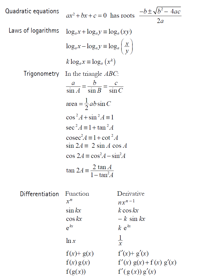 Formula Booklet Edexcel A Level Maths